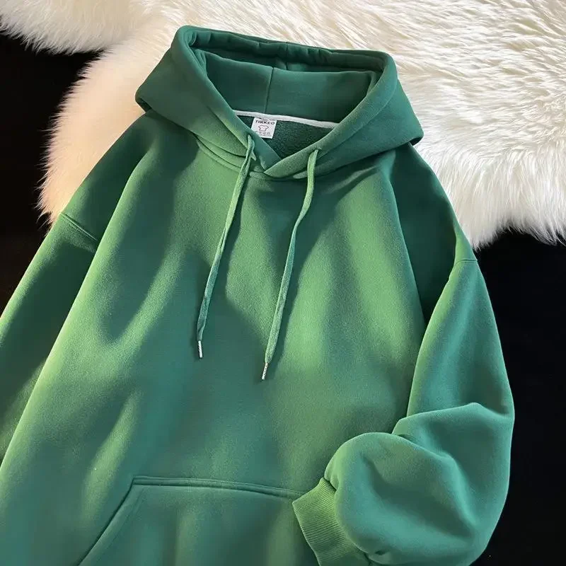 

Pop MingGreen Heavy Duty Solid Color Sweatshirt Autumn/Winter Fleece-Lined Men Women's Couple Style Oversize Hooded Jacket Cross