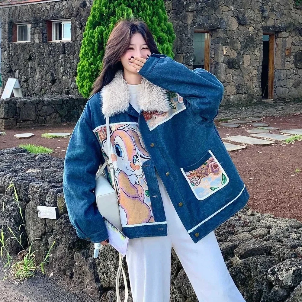 Veste en jean doublée de fourrure de lapin coréenne bleue, nouvelle collection automne-hiver 2026, dessin animé, anti-âge, épaisse, en polaire