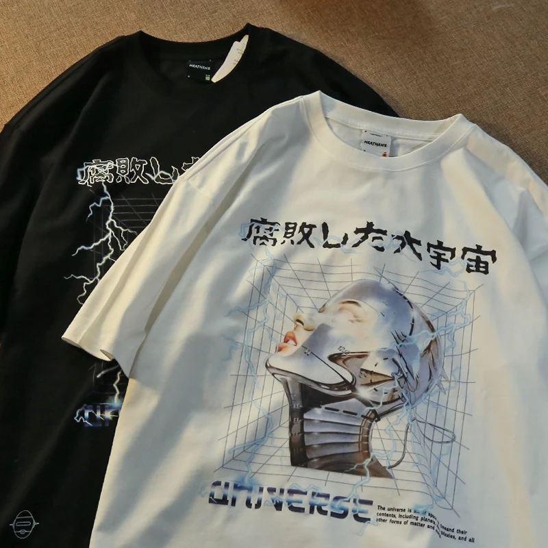 เสื้อยืด2022ขนาดใหญ่ผู้ชาย T เสื้อ Hip Hop Streetwear Lightning หุ่นยนต์อวกาศ Harajuku ญี่ปุ่นคันจิ Tops Tees แขนสั้น
