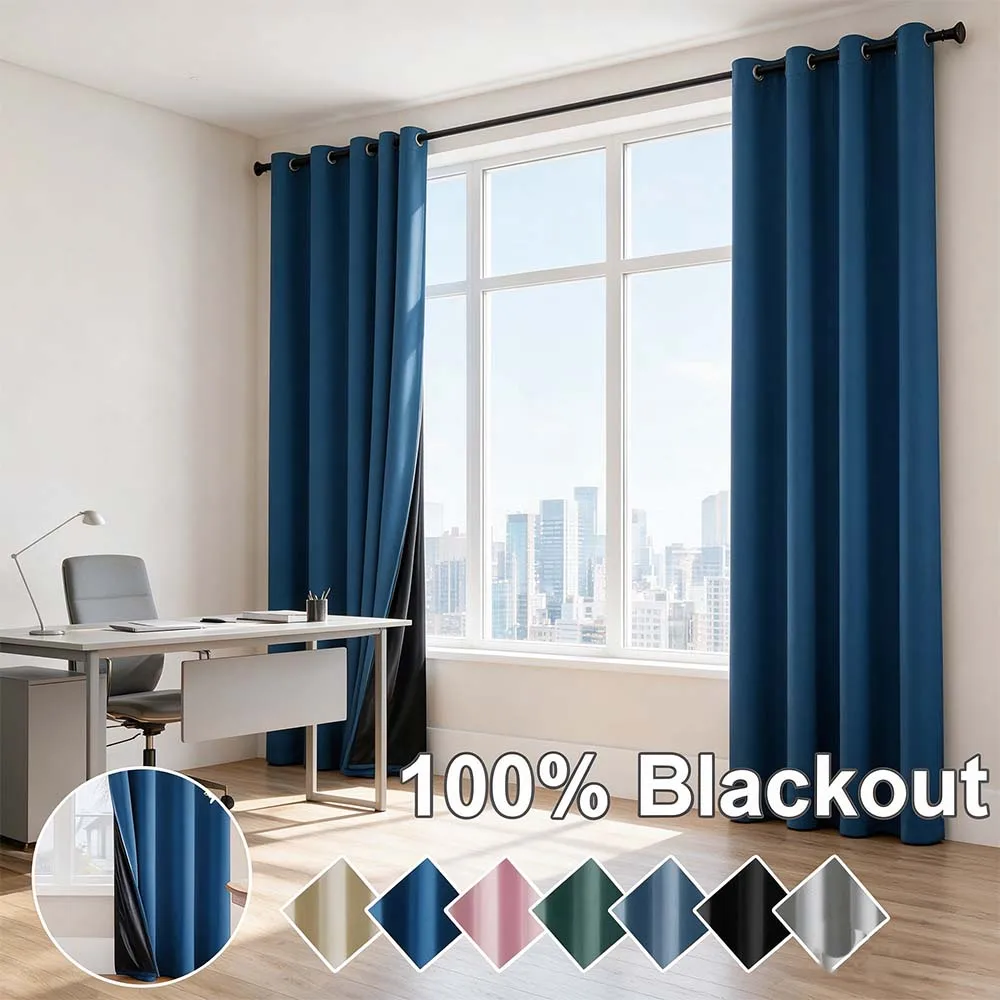 Pongee Coating Blackout Curtains 100% Blackout Curtain Waterproof Drapes Privacy Window Curtain for Bedroom Living Room Bathroom