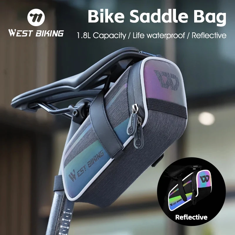 WEST BIKING Portable Bicycle Tail Bag 1.8L Large Capacity MTB Road Bike Saddle Bag Ultralight Reflective Bicycle Bag Accessories