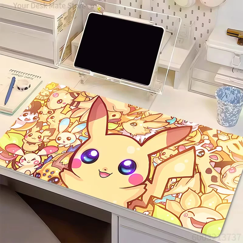 Anime Desk Mat, Non-slip Pad, Waterproof, Stitched Edge, Floral Pikachu Print, For Keyboard, Laptop, TCG Card Game.