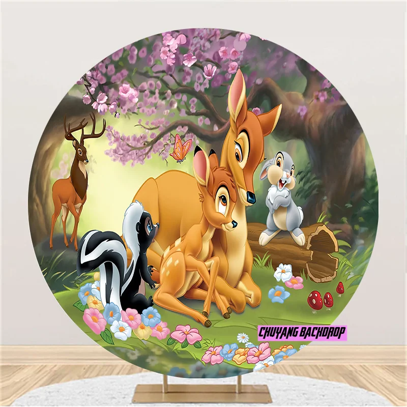 Disney Bambi Forest Deer Circle Backdrop Girl Birthday Baby Shower Photo Backdrop Round Cover Decorations Photo Booth Prop