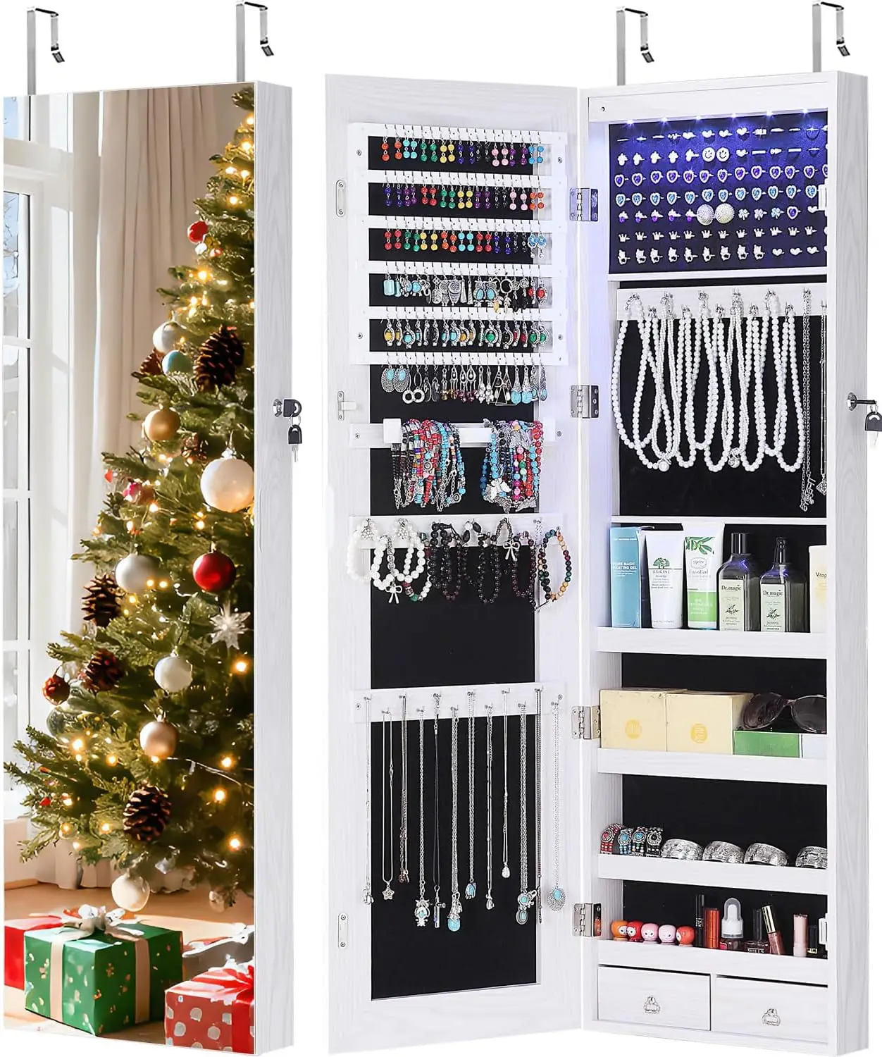 

Зеркальный шкаф для ювелирных изделий в полный рост со светодиодной подсветкой, настенный органайзер для хранения, запираемый белый цвет