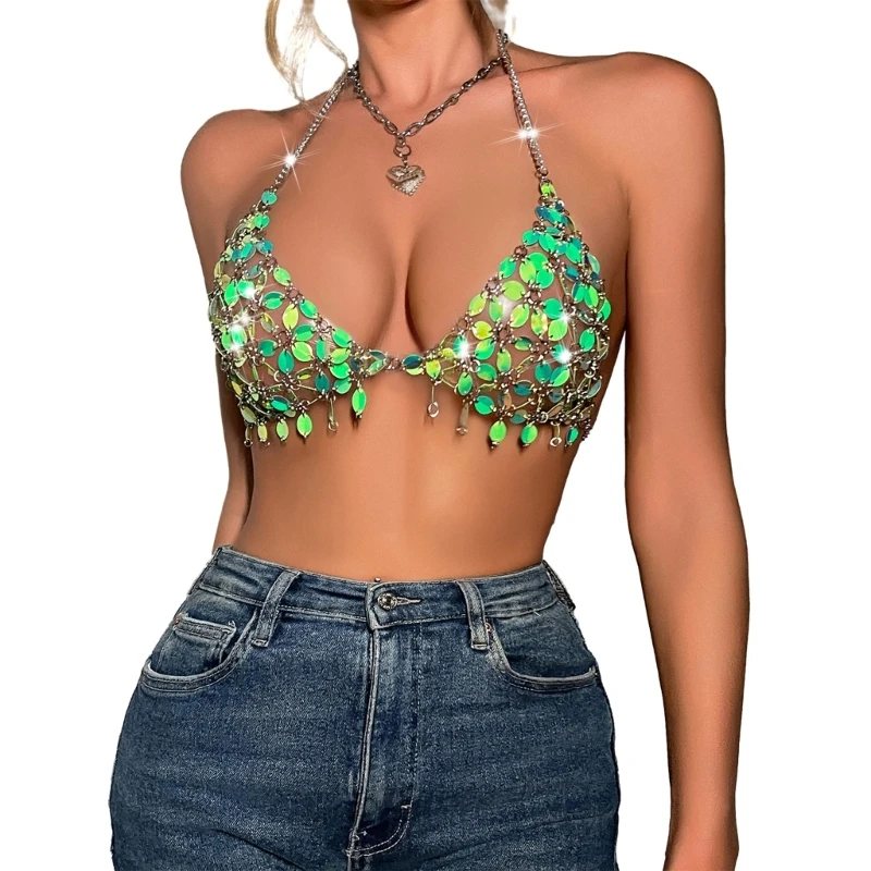 

Women Vibrant Sequins Leaves Sexy Backless Bras Metal Chain Tassels Camisole Festival Nightclub Body Jewelry Crop Top N7YE