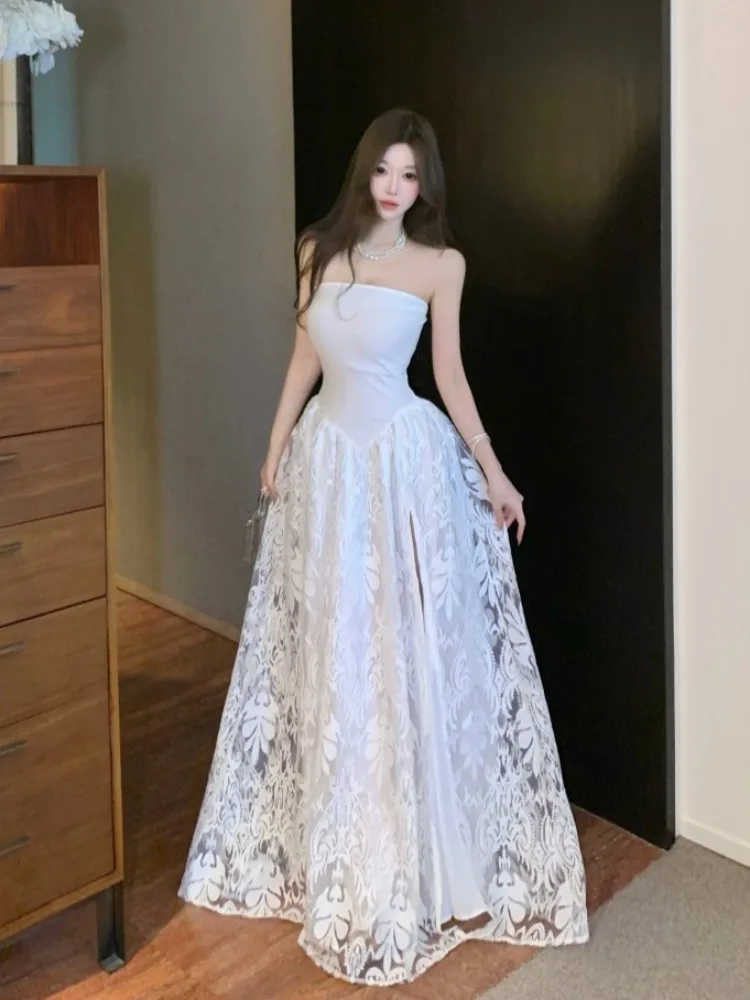 

Ele Lace Splice Strapl Long Dr Women's High Waist Asymmetrical Hem Gown Formal Evening Dr Spring Summer Autumn