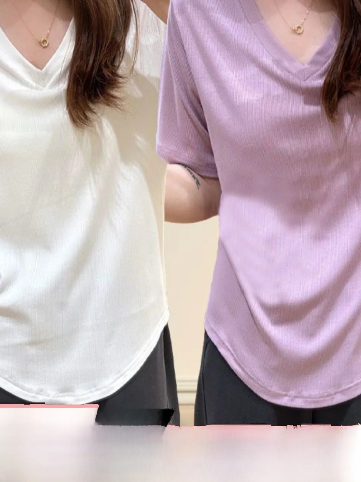 High Elasticity V-Neck Short Sleeve T-Shirt Women's Fashion Casual Versatile Loose plus Size Slimming Top Polyester Fiber