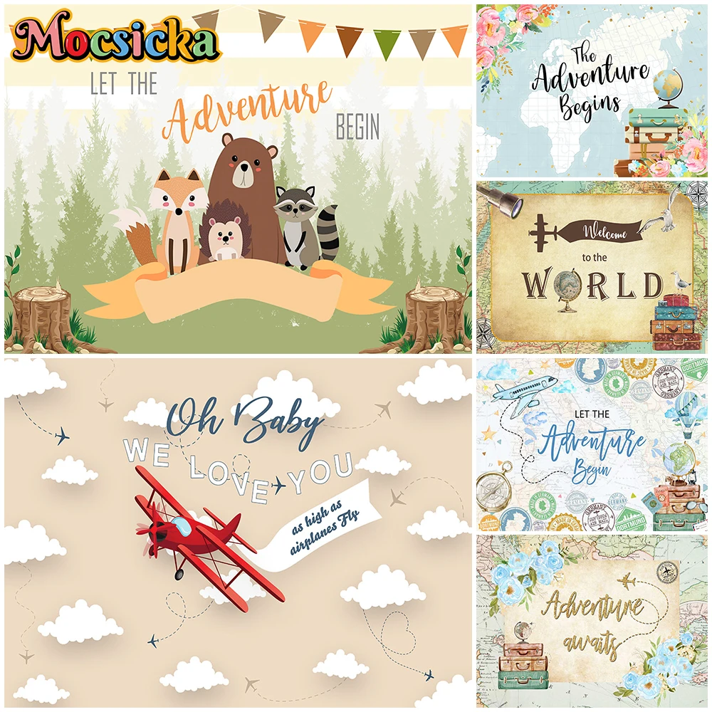 

Mocsicka Adventure Backdrop World Airplane Travel Outdoor Forest Decor Baby Shower Birthday Party Background For Shooting Studio