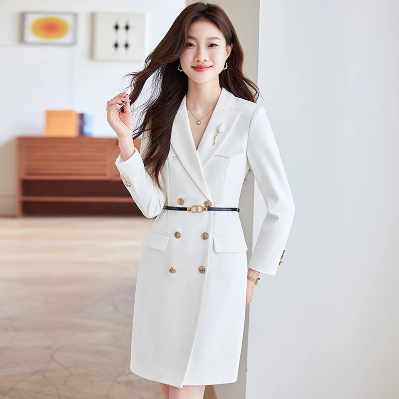 NAVIU Long Sleeve Dress For Women 2024 New Fashion Office Ladies Slim Blazer Dresses Chic Vintage Turn Down Collar Coats White