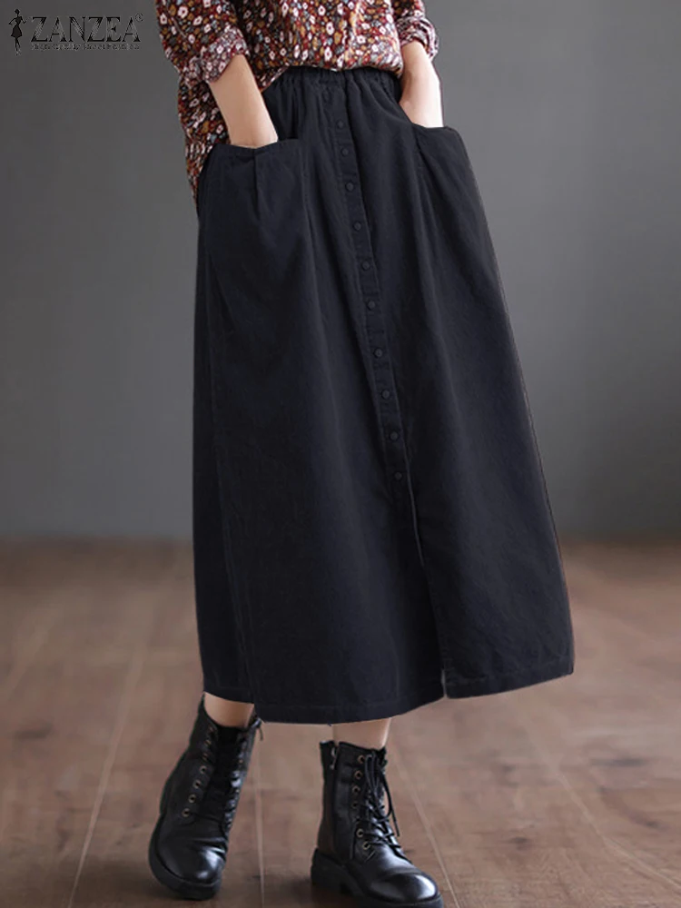 ZANZEA Autumn Elastic Waist Baggy Midi Skirt Women Corduroy Skirts Solid Loose Faldas Saia Jupes Fashion Work Sundress Sarafans