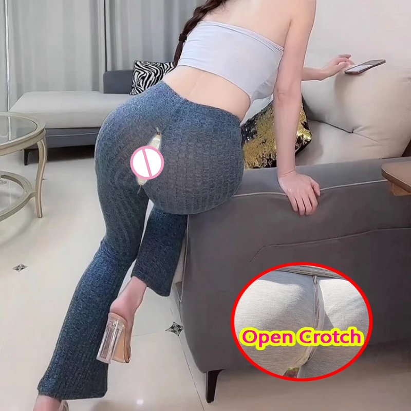 Mallas sexis transparentes con entrepierna abierta para mujer, pantalones deportivos informales de tiro alto a la moda con realce, ropa para discoteca sin entrepierna