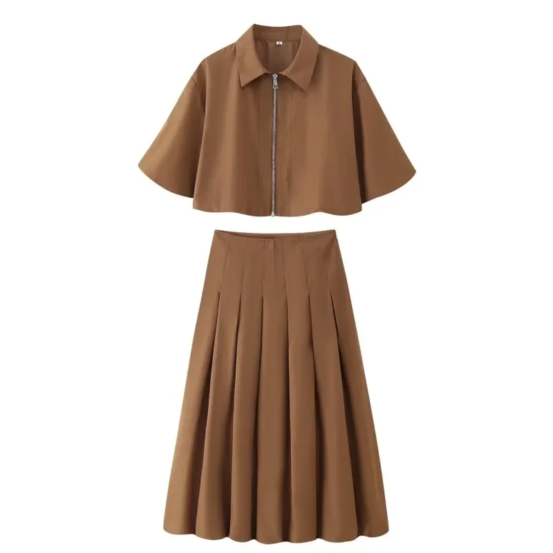 Soft 2025 Woman Fashion Two Tone Short Sleeved Zipper Top Jacket Sets Casual Slim High Waisted Midi Skirt Suits Autumn