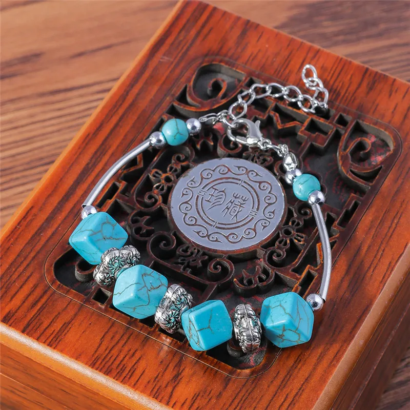 Aihua Tibetan Silber Natur Türkis Stein Perlen Armband & Armreif für Frauen Böhmen ethnische Aussage Schmuck Zubehör – Detail 3