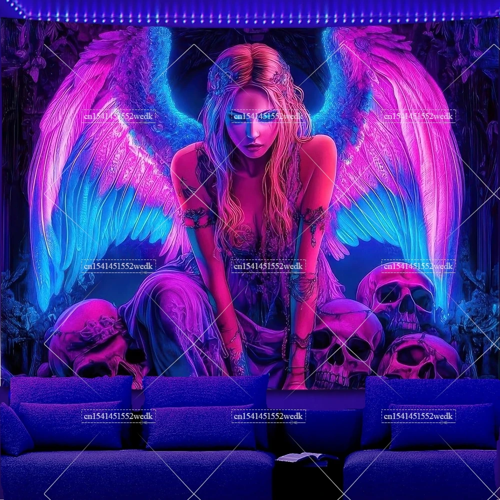 Gothic Angel Wings Girl Blacklight Tapestry UV Reactive Glow In The Dark Spooky Skull Neon Tapestries Posters Party Backdrops
