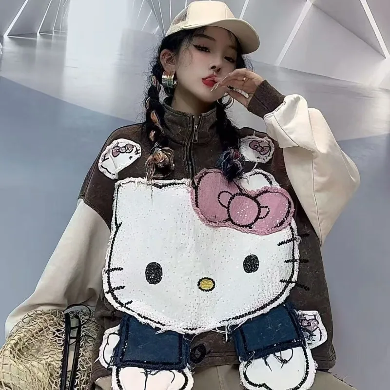 

Толстовка с вышивкой Sanrio Hello Kitty, пальто с свободной нашивкой, новый стильный дизайн, модный пуловер на молнии с героями мультфильмов, уличная девушка