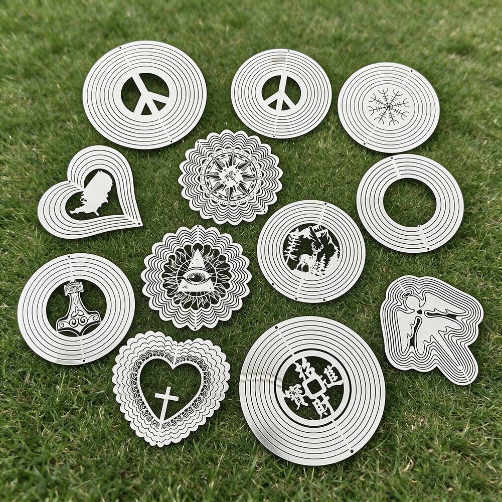 Multi Pattern Stainless Steel Wind Spinner Openwork 3D Rotating Round Curved Edge Heart Shaped Angel Wind Chime Garden Ornament