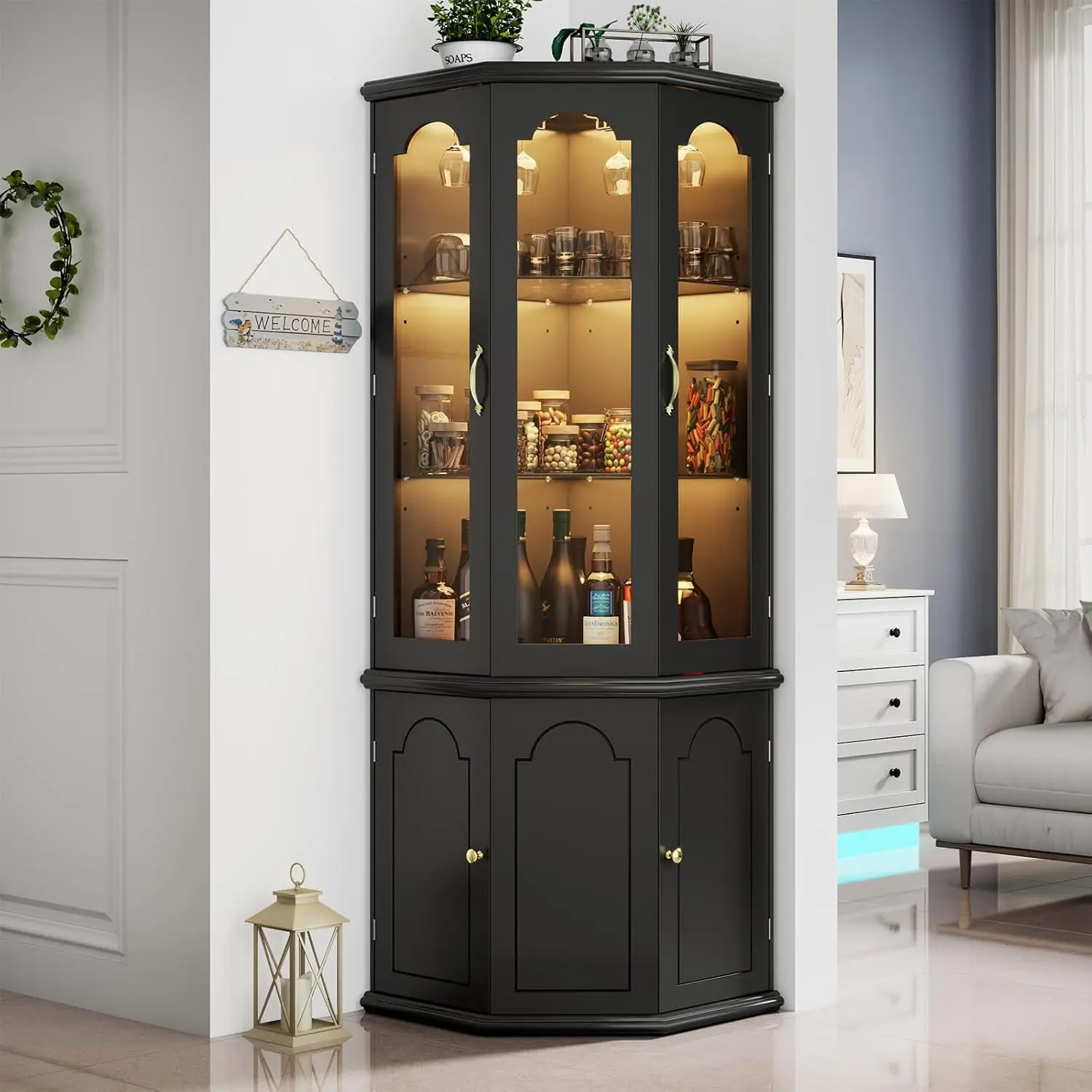 Corner Bar Cabinet w/LED Lights, Tall Modern Wine Cabinet with Tempered Glass Door & Adjustable Shelves, Home Bar, Customized