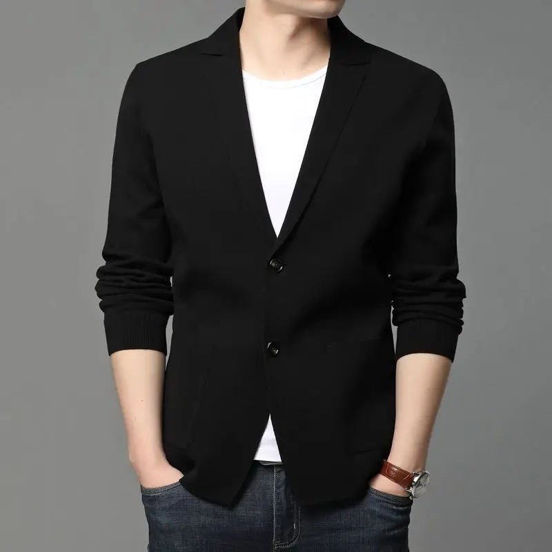 Men Lapel Collar Knit Cardigan Single Breasted Long Sleeve Business Casual Knit Blazer With Pockets
