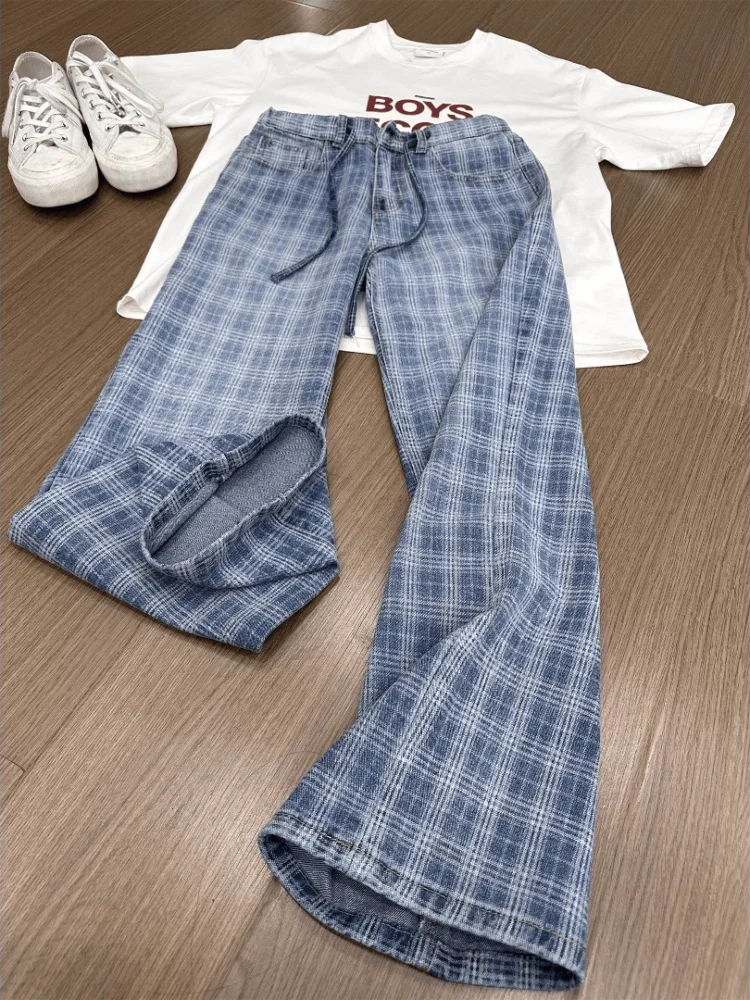 

Американские ретро синие клетчатые мужские джинсы, свободные прямые длинные брюки, повседневные дышащие хлопковые летние джинсы со средней талией на молнии