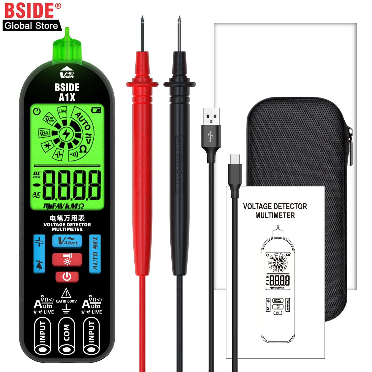 BSIDE-Stylo testeur de tension A1X, multimètre électronique, USB, testeur, point d'installation, AC, DC, sans contact, NCV Live, puzzles à diode automatique, itance, Hz