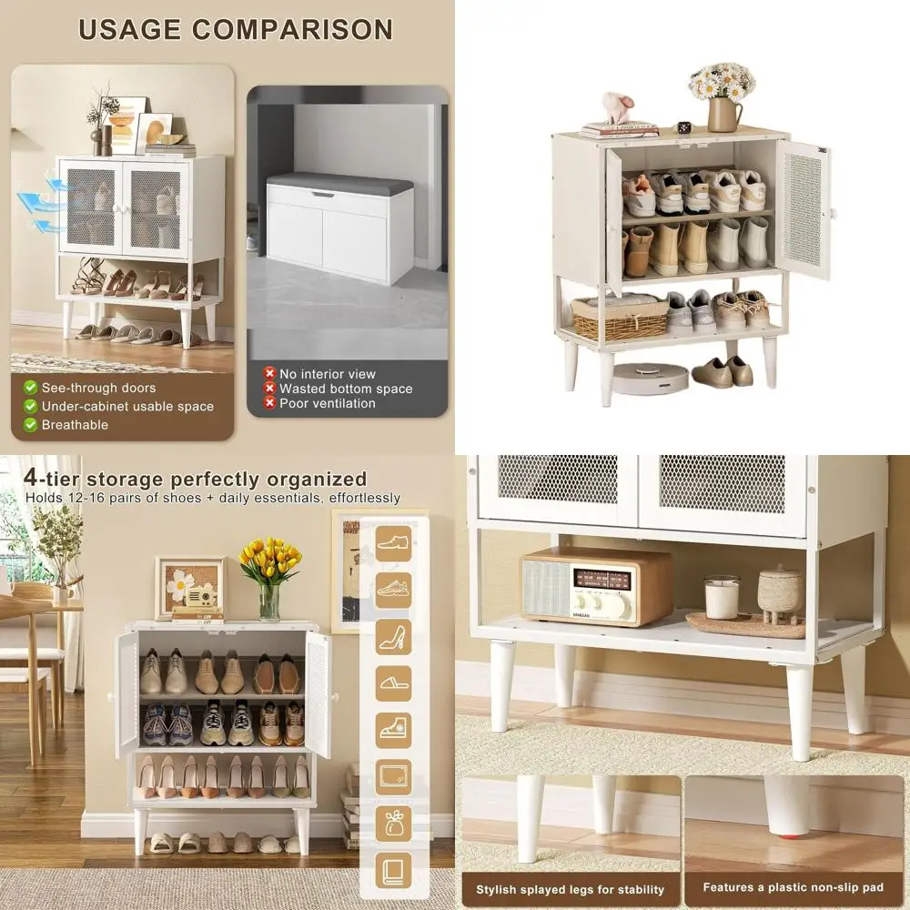 

Shoe Storage Cabinet with Visible Mesh Doors for Entryway, Small Shoe Organizer Holds 12-16 Pairs of Shoes up to 11.8"L, Freesta