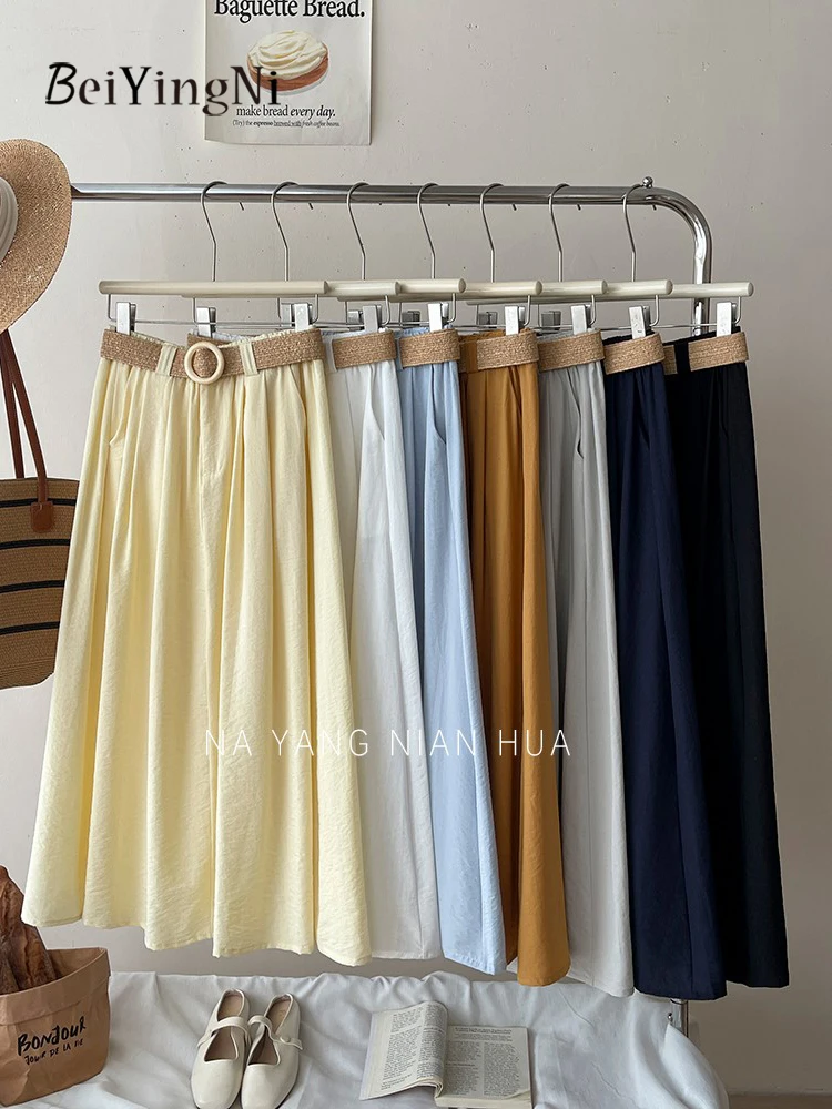 

Beiyingni New In Women Long Midi Skirt Sashes Casual Fashion Pleated Skirts for Woman Korean Pockets Elegant Luxury Faldas Jupes