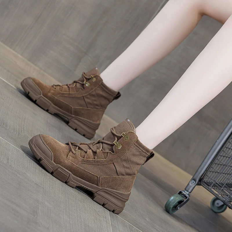2025 New Winter Fashion Women's Ankle Boots Thick Soled 5CM Canvas Lace Up Short Boots Mountain Climbing Casual High Top Shoes
