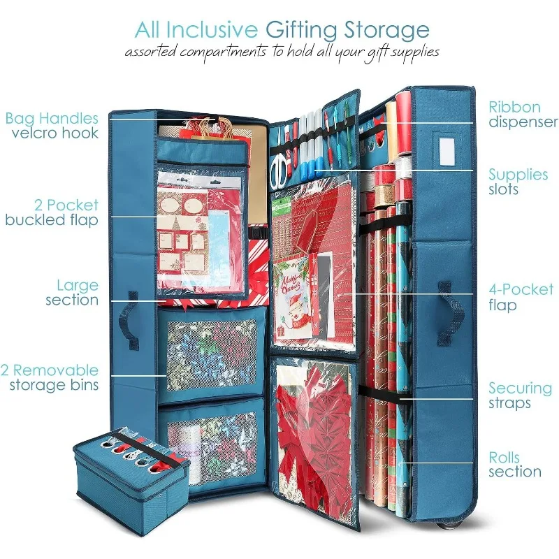 Праздничное хранилище Hearth & Harbor с рождественскими контейнерами и органайзером для лент — устойчивые к выцветанию контейнеры для упаковочной бумаги