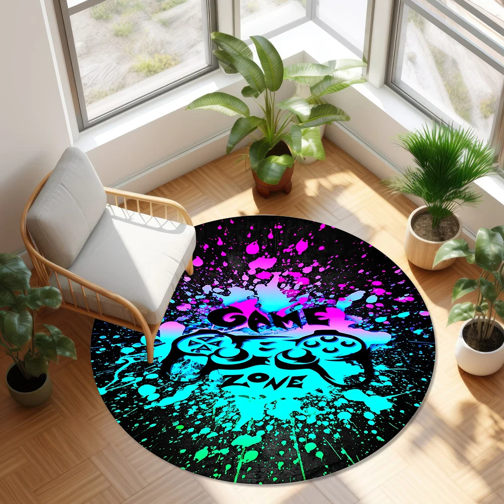 Cartoon Gamer Game Controller Round Area Rug Circle Carpet for Living Room Children's Bedroom Sofa Decor Gaming Style Floor Mat