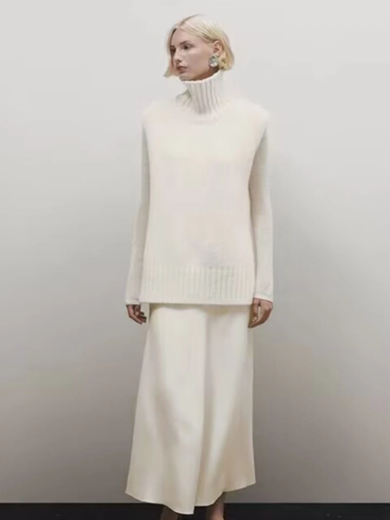 

Женский модный вязаный жилет MD 2023 года, осенняя новинка, матовый черно-белый, с высоким воротником, универсальный, для повседневной носки, с длинными рукавами