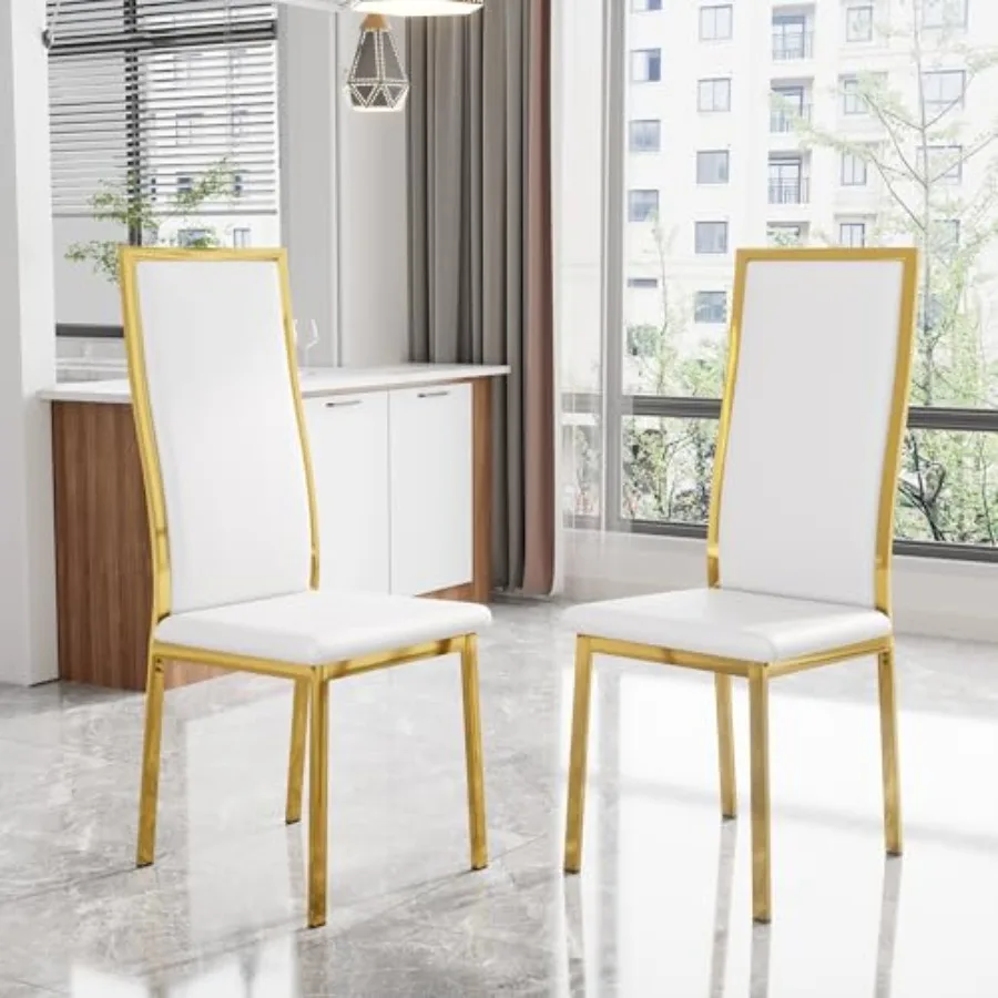 

Комплект из 2 современных обеденных стульев - белая искусственная кожа с хромированными золотыми металлическими ножками, изогнутая высокая спинка, мягкая обивка, дизайн в стиле середины века