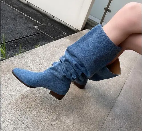 Fashion Lady Blue Jeans Denim Pointed Toe Knee High Flat Boots Women Slip On Pleated Tube Long Fall Botas Shoes Drop Shipping