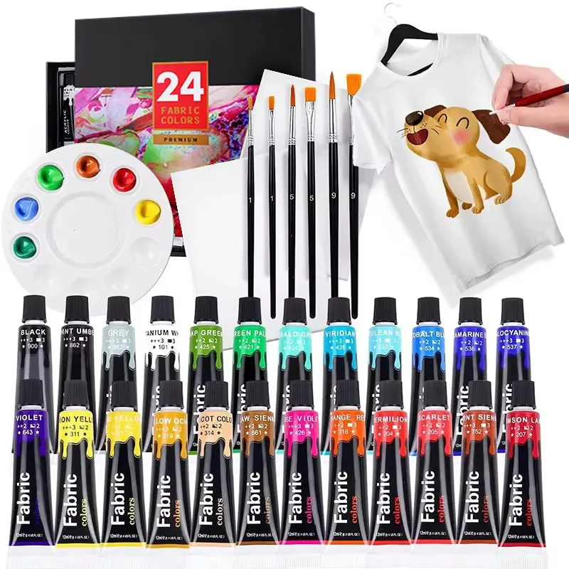 12/24 Textile Acrylic Color Paint Set 12ml tube with Brush Palette Premium Shoes Canvast Fabric colors Waterproof pigment kit