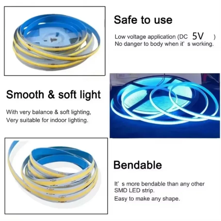 5M USB LED Strip Light 5V 320LEDs/M COB Touch Sensor Dimmable Lamp Tape DIY Mirror Backlight TV Kitchen Room Night Lighting