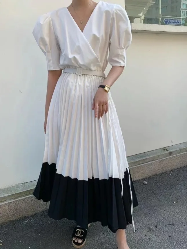 Vestido Longo E com Decote em V, Cintura Solta e Faixa, Estilo Color Blo, Saia Maxi Psada Chique para Mulheres, E...