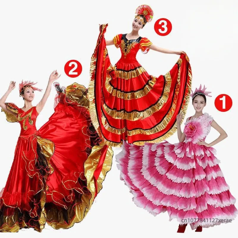 Costume de danse Flamenco, grande jupe de danse d'ouverture, Costume de spectacle de danse de corrida espagnole, Costume de spectacle sur scène pour femme