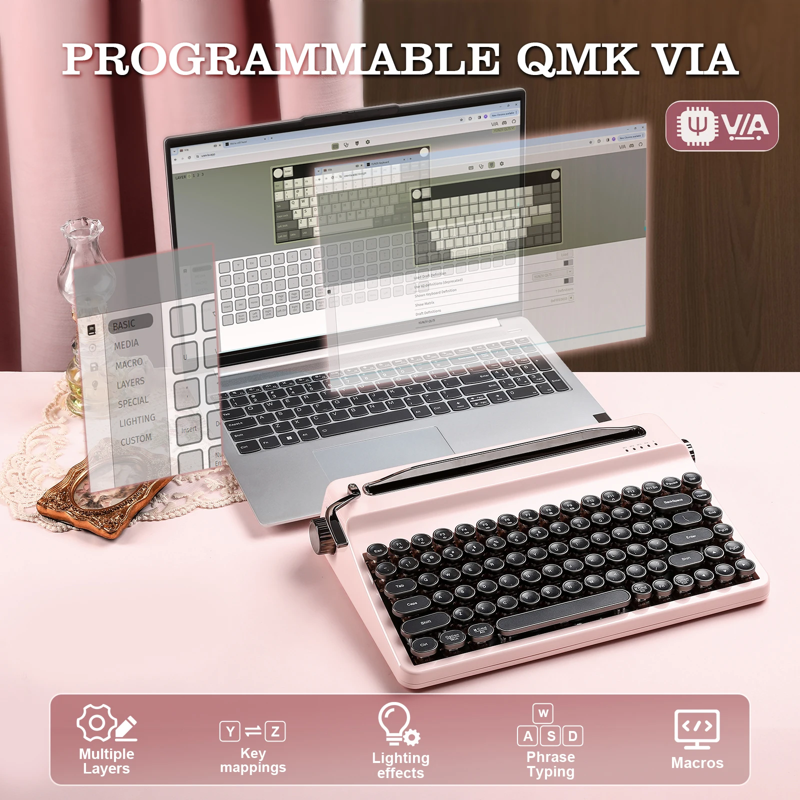 YUNZII QL75 ピンクタイプライター メカニカルキーボード、QMK/VIA