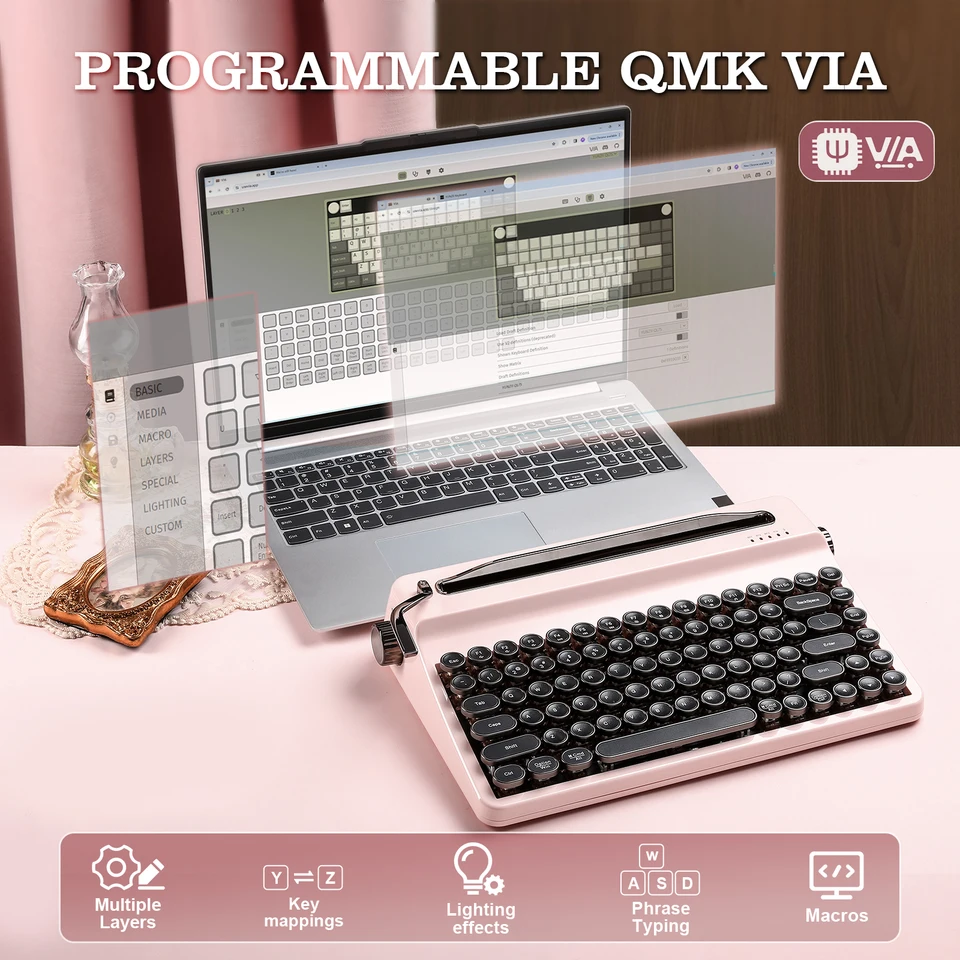 YUNZII QL75 ピンクタイプライター メカニカルキーボード、QMK/VIA