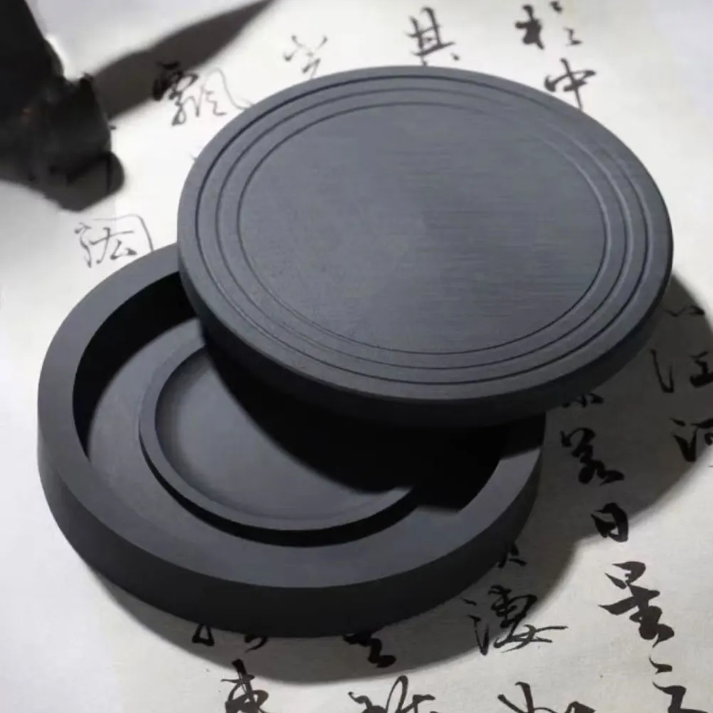 

Ink Sea Ribbed Inkstone 10cm Round Lidded Calligraphy Stone for Practice Painting Traditional Chinese Accessories Beginner Kit