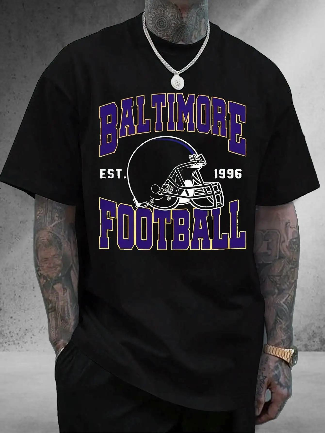 Men's Baltimore Team Logo Helmet Design T-Shirt-100 Loose Fit Rugby Fan Clothing Game Day Training Men's Clothing Men's T-Shirt Pattern T-Shirt Print Easter Gift Gift for Him Funny Fun Popular Wear Rock Fun Clothing Men's Clothing Clearance Sale