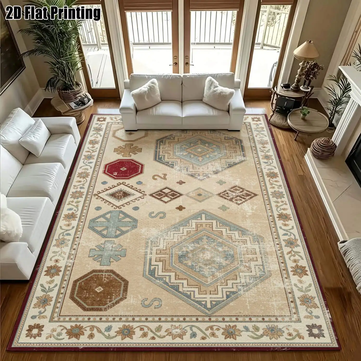 1Pc 2D Printed Gray-Brown Retro Floral Carpet, Ideal for Minimalist Living Rooms, Multiple Sizes, Machine Washable, Suitable for Multi-Scene Use
