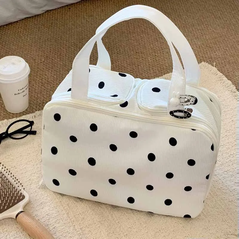 Korean Style Dot Print Corduroy Handheld Makeup Bag  Toiletry Bag Soft Fabric Ladies Skincare Storage Bag For Outdoor Travel