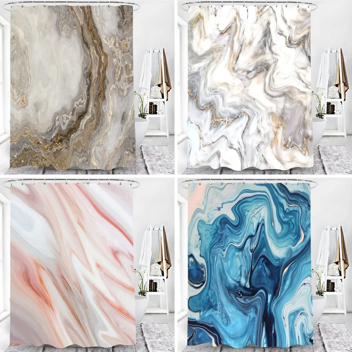 Marble Shower Curtain Grey Gold White Texture Marble Shower Curtain for Bathroom Abstract Pattern Waterproof Fabric with 12 Hook