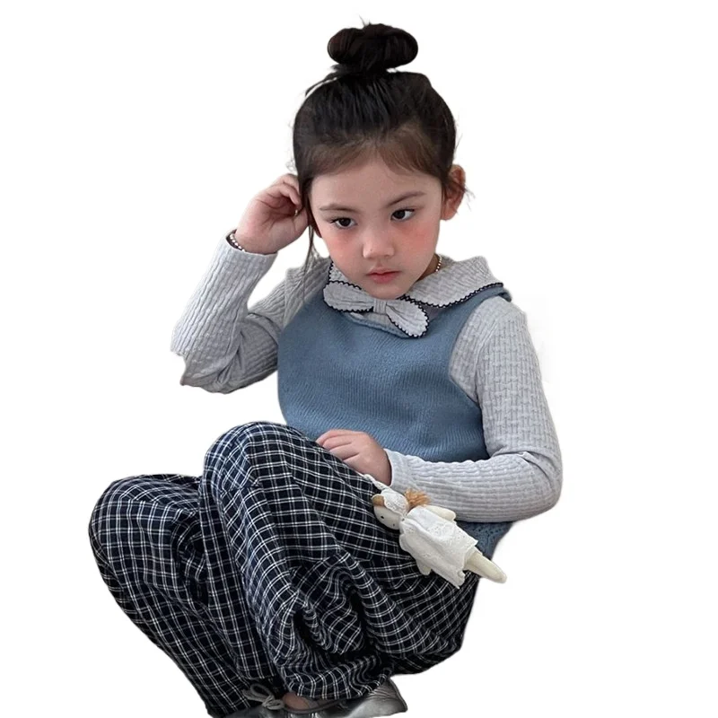 

Girls Cute Doll Collar Shirt Foreign Style Knitted Vest 2026 New Plaid Casual Pants Three-piece Trendy