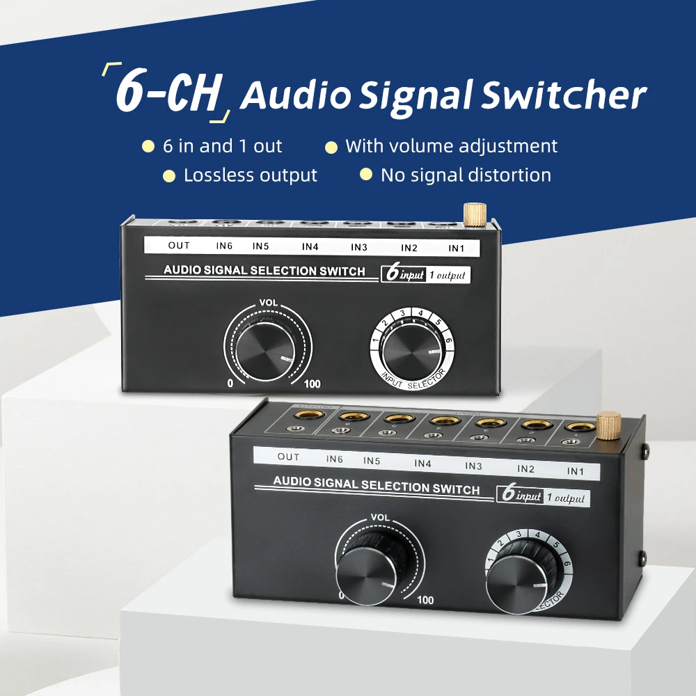 Audio Switcher Selector Audio Signal Selection Switch Sound Channel Selector 3.5 6.5mm L R Stereo 6 In 1 Out with Volume Control