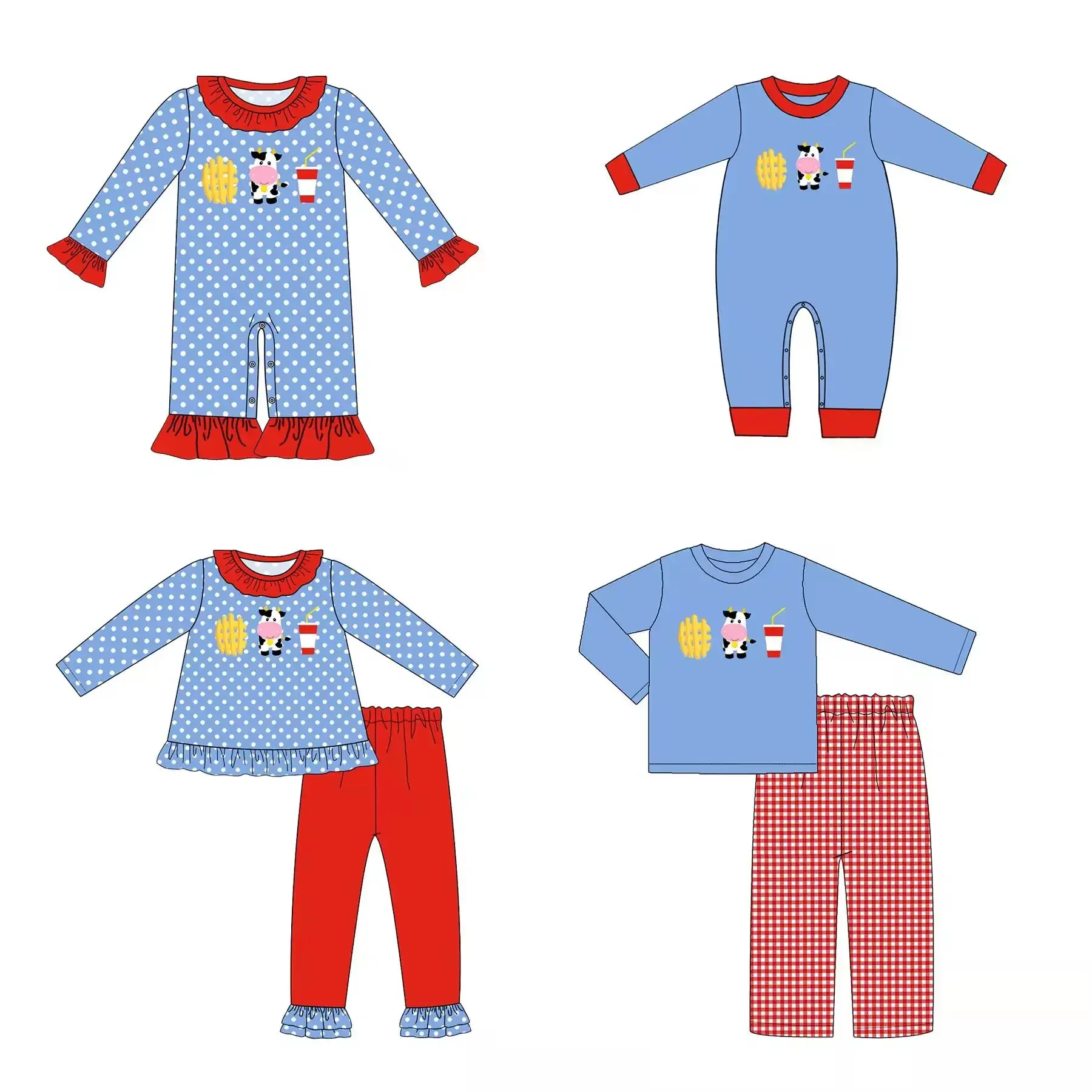 New Children's Clothing Long Sleeve Lace Cow Chips Printed Trousers Lace Girls Boys Plaid Pants Set Baby Jumpsuit