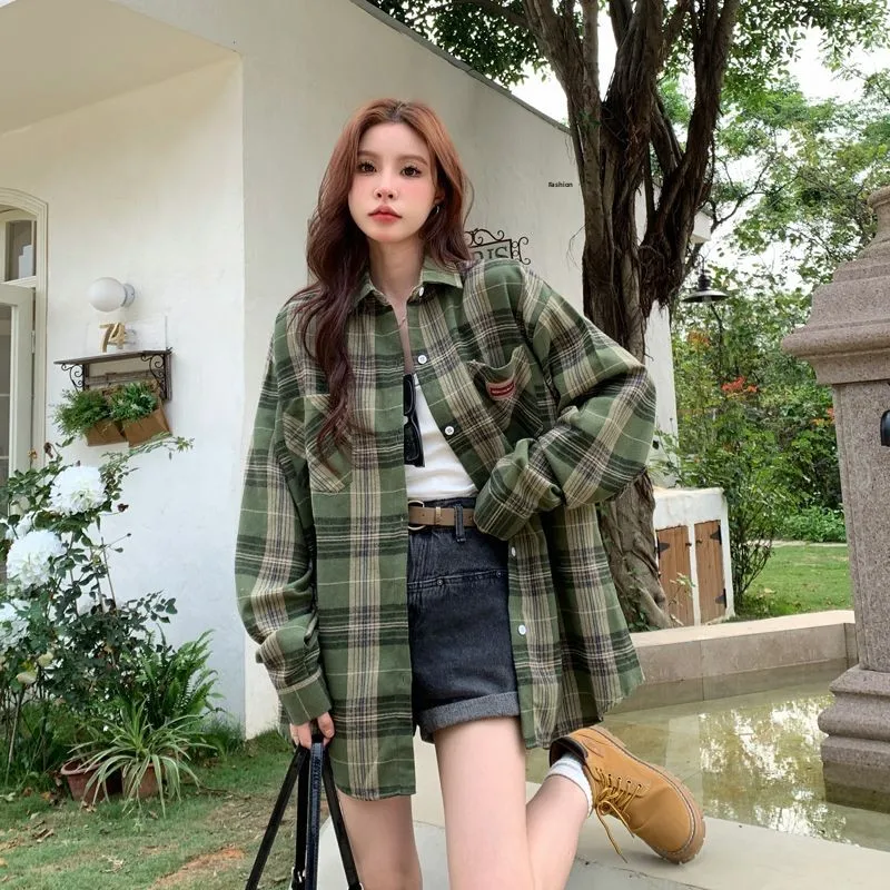 Loose Long Sleeve Plaid Shirt Korean Lazy Retro College Style Dark Green Brushed Fashionable Spring Summer Versatile Top