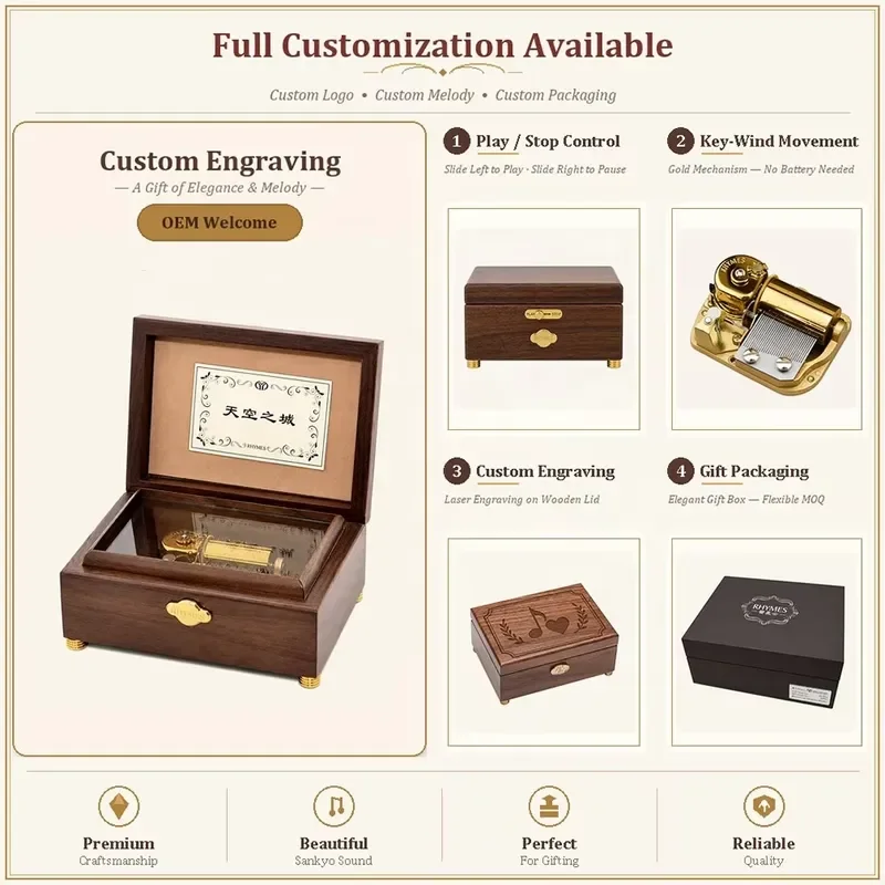 Walnut Wooden Modern Hand Cranked Music Box RHYMES 30s Play STOP Slider Castle Sky Melody Customizable Wedding Gift OEM