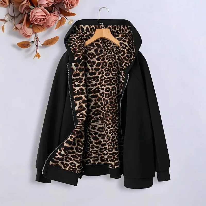 Outono novo leopardo impressão plus size casual casaco de cor sólida, casaco feminino de manga comprida com zíper