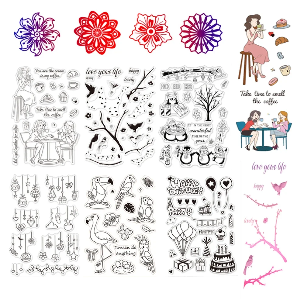 1Sheet Silicone Clear Stamp Party Ornaments Clear Stamps Christmas Birthday Theme for Cards Making DIY Scrapbooking Photo